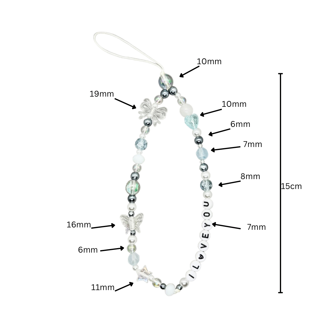 Artisan Blue & Pink Heart Phone Charm: Star, Butterfly, Bow, Resin Beads Measurement