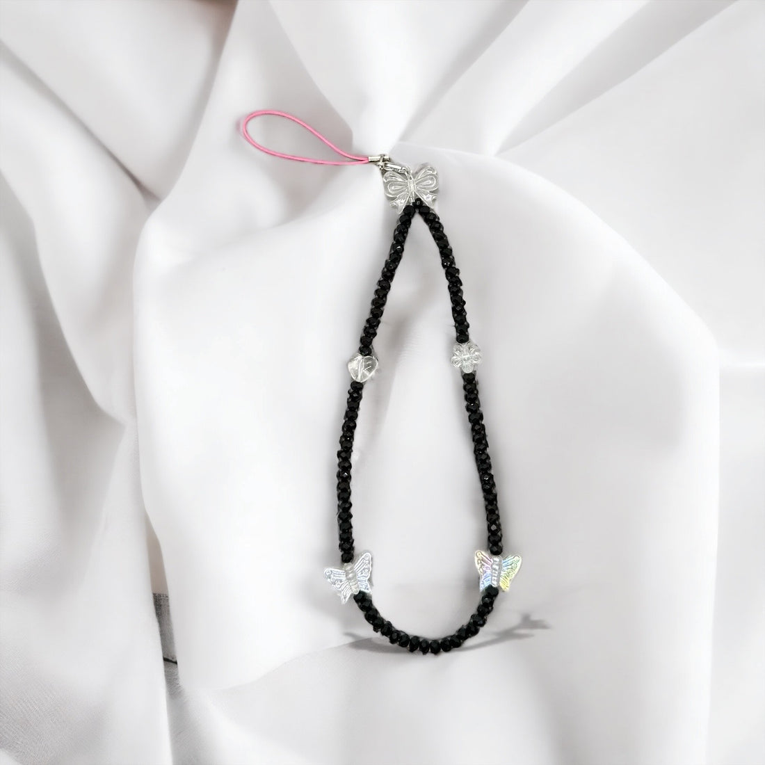 Clear Butterfly Heart Flower Beads Black Shiny Beads with a Bow on Top Phone Charm