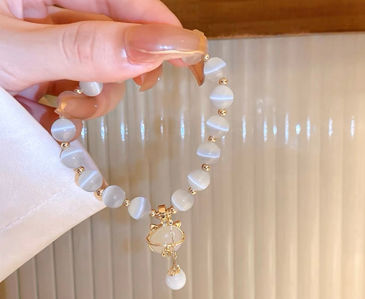 Opal Stone Bracelet, Lucky Cat Beaded Bracelet