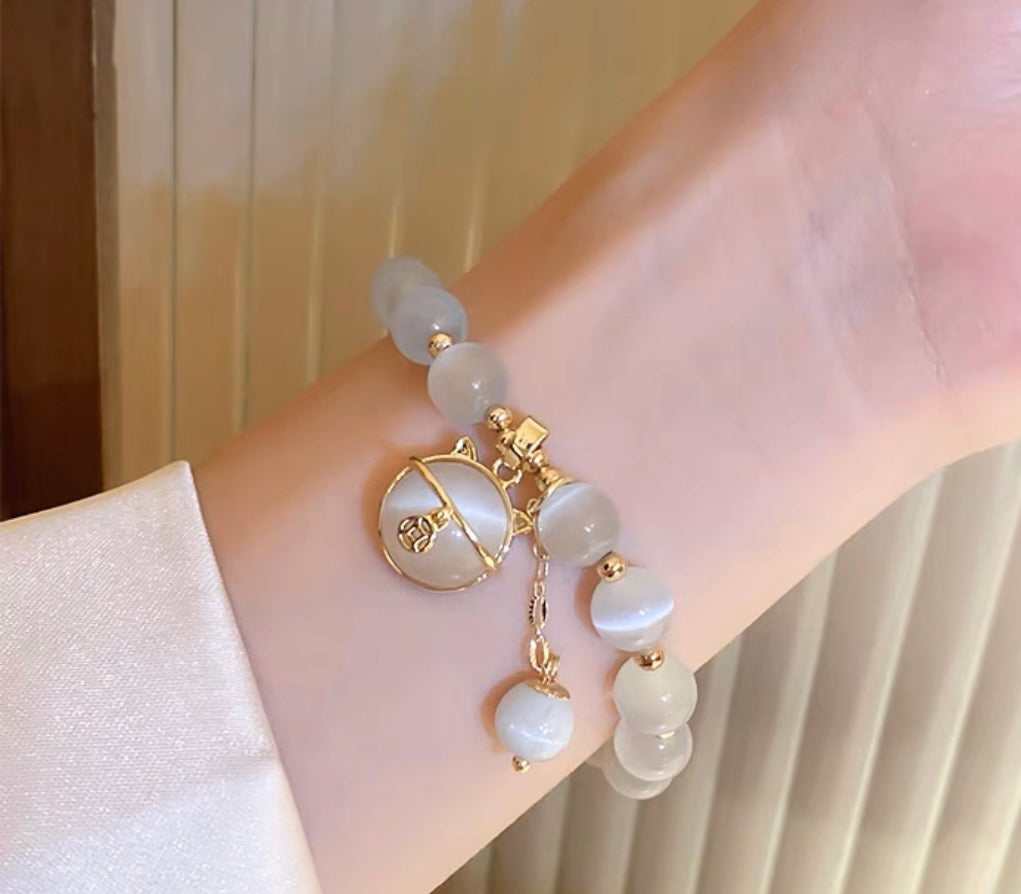 Opal Stone Bracelet, Lucky Cat Beaded Bracelet