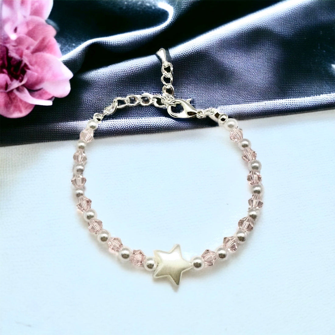 White Star Charm Black + Pink Beads