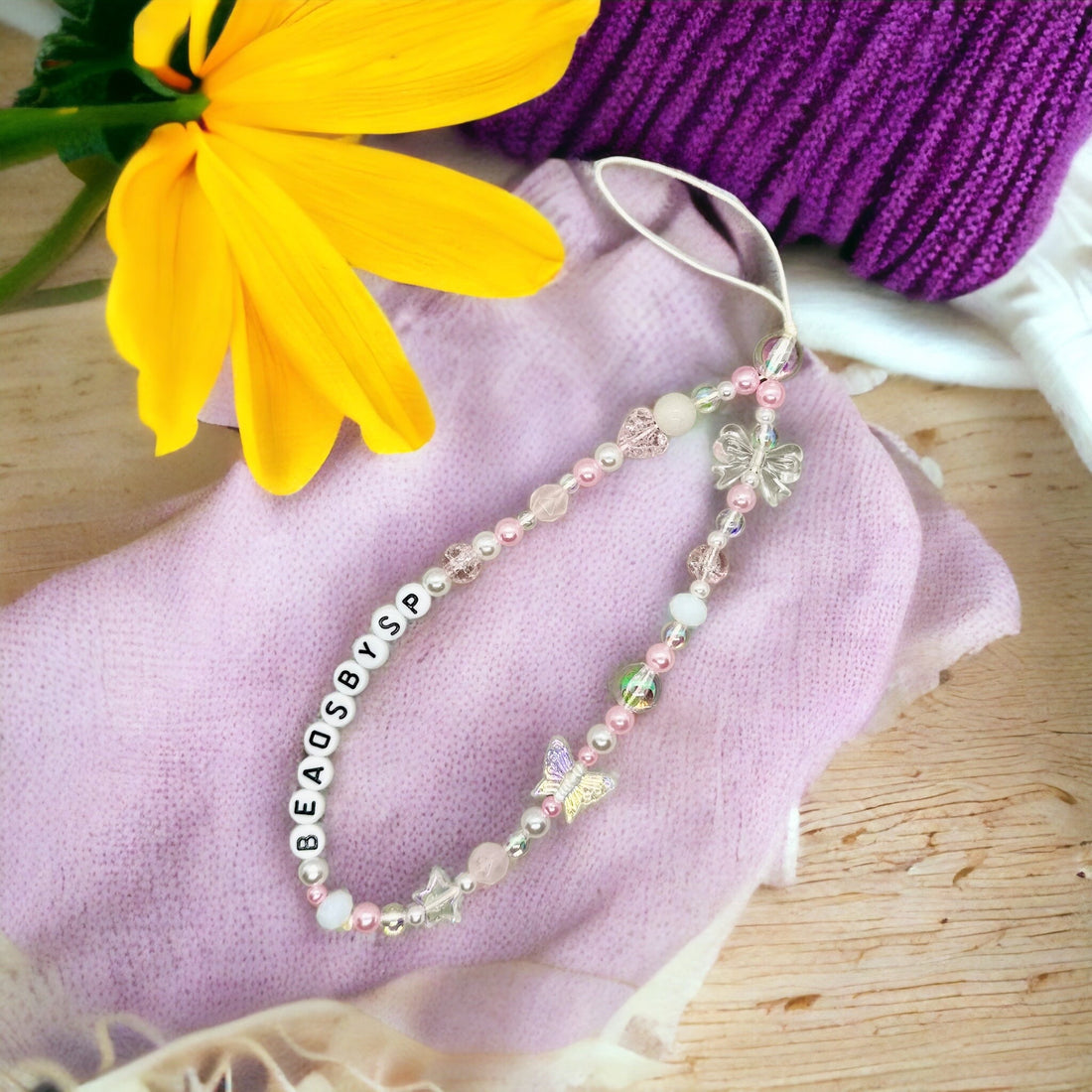 Artisan Blue & Pink Heart Phone Charm: Star, Butterfly, Bow, Resin Beads