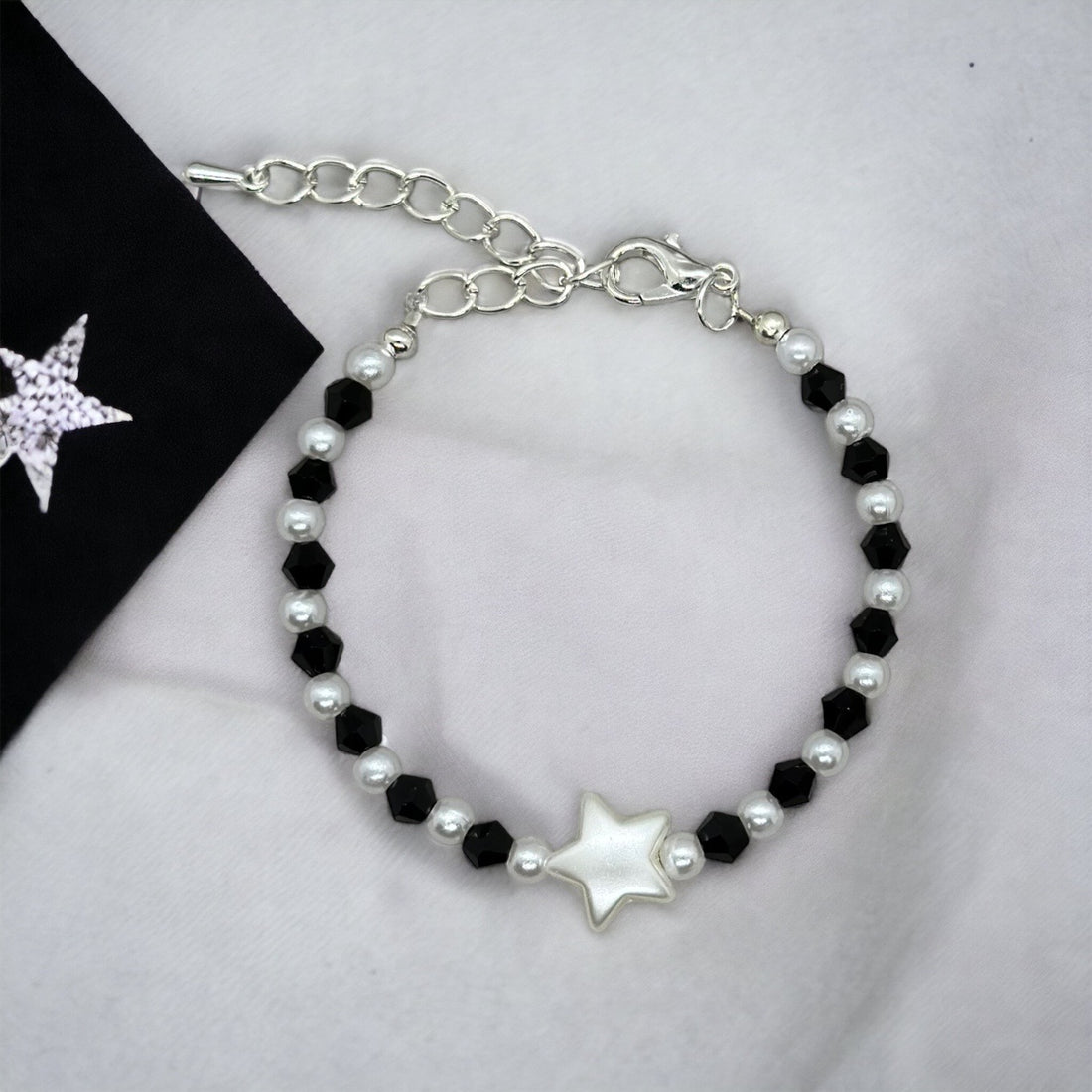 White Star Charm Black + Pink Beads