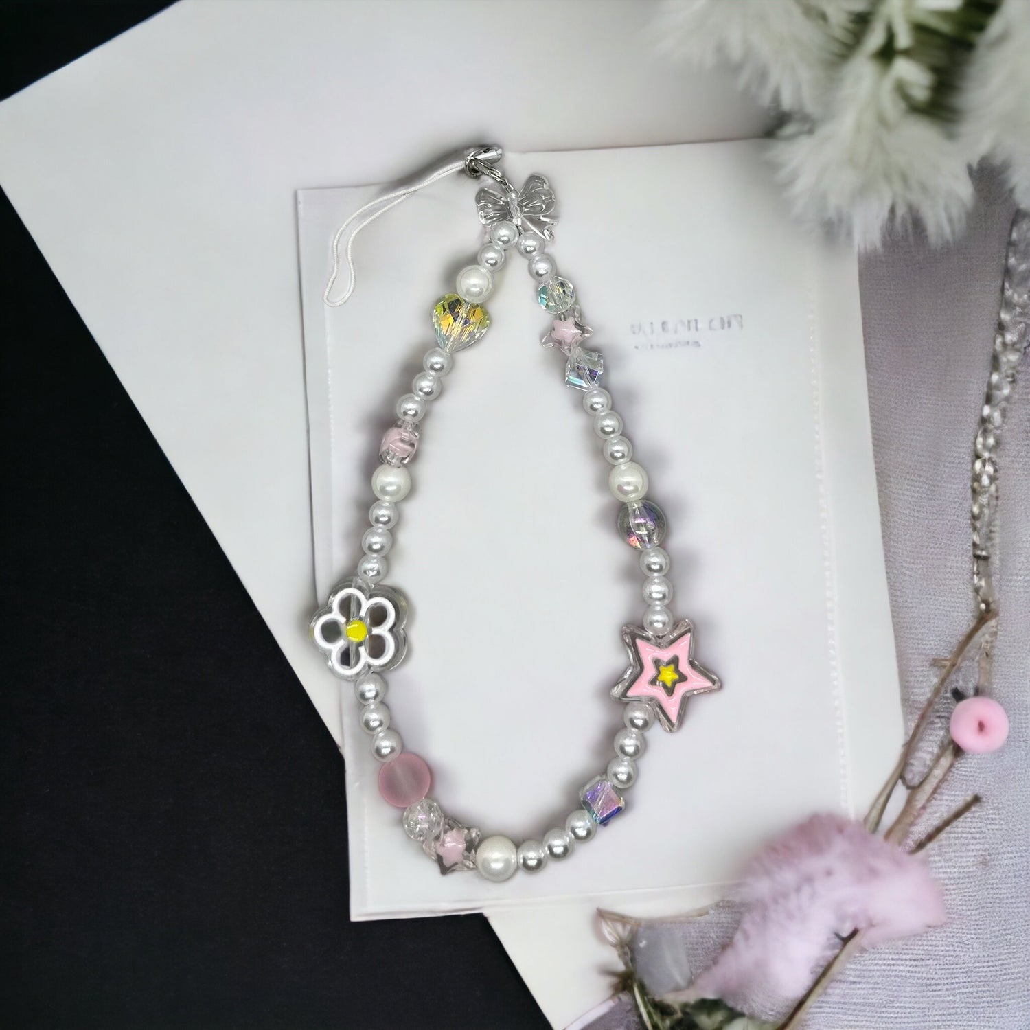 Floral &amp; Star White Pearl Phone Charm